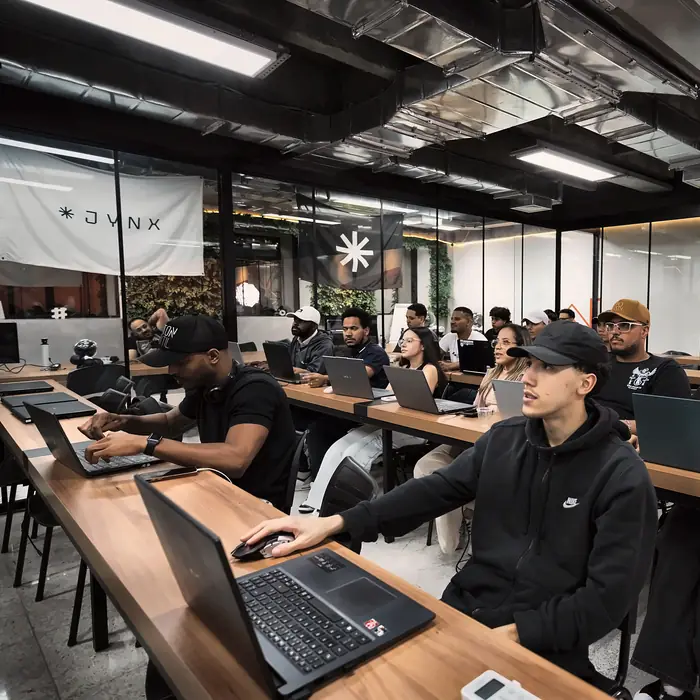 Turma em sala, com notebooks abertos